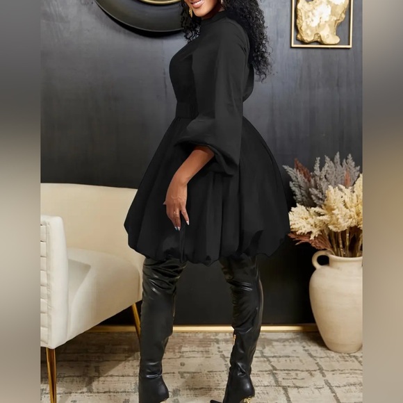 Black V-neck Button Front Bubble Dress, Elegant Lantern Sleeve Swing Dress - Picture 3 of 6
